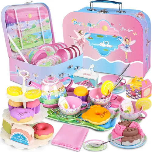 PRE-WORLD - Juego de té para niñas pequeñas, 50 piezas de juguete de princesa para fiestas de té, incluye postre, galletas, dona, bandeja de tetera,