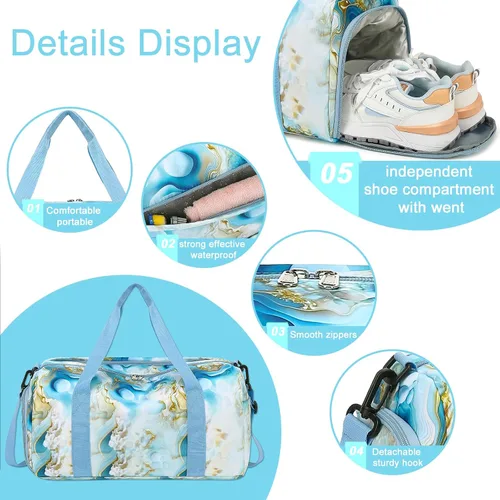 Miniatura 6 de BLUBOON Bolsa de lona deportiva para mujeres y niñas, bolsa de lona para el fin de semana, Guijarro azul blanco