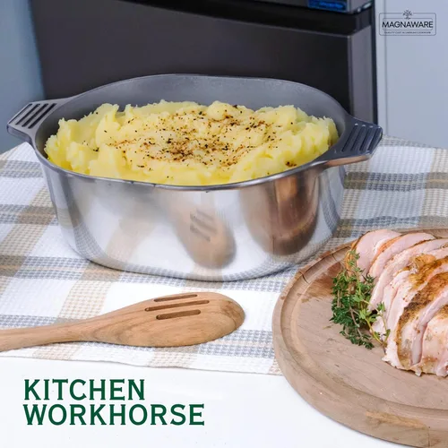 Miniatura 2 de MAGNAWARE Horno holandés ovalado de aluminio fundido con tapa, sartén resistente de 5 cuartos de galón con estante y cubierta de silicona con asas