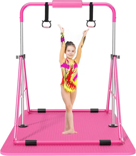 Safly Fun Foldable Gymnastics Bar for Kids, Adjustable 35"-51", Sturdy 145 lbs Capacity, Easy-to-Assemble, Gymnastics Equipment for Kids for Rosa