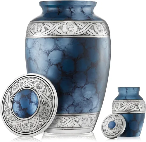 Miniatura 4 de Reminded Juego de 5 urnas decorativas de cremación para cenizas humanas, 1 latón para adultos + 4 tamaño de símbolo de recuerdo, azul