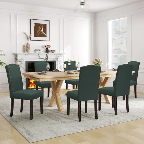 Miniatura 20 de LSSPAID Juego de 4 sillas de comedor, modernas y cómodas sillas Parsons tapizadas de lino con ribete de cabeza de clavo de bronce y patas de madera