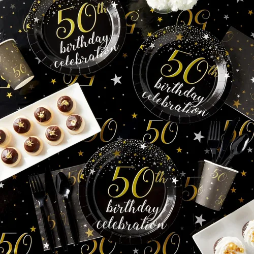 Miniatura 2 de Juvale Manteles de 50 cumpleaños – Paquete de 3, 54 x 108 pulgadas, negro y dorado, decoraciones de cumpleaños 50 para hombres y decoraciones