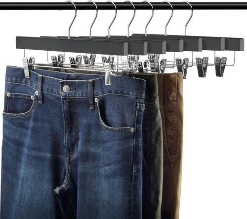 Miniatura 6 de AMKUFO 20 piezas de perchas de madera para pantalones, perchas sólidas para pantalones con clips ajustables de 14 pulgadas, perchas de madera negra