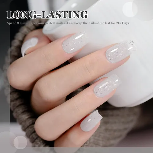 Miniatura 2 de RARJSM Esmalte de uñas de gel con purpurina de nieve, diamante brillante, gel de uñas de color blanco lechoso con pigmentos plateados y brillantes