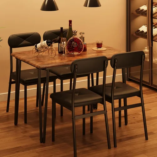 Miniatura 4 de Mesa de comedor de cocina y sillas tapizadas para 4, mesa rectangular de madera para 4 asientos, juego de comedor industrial de 5 piezas