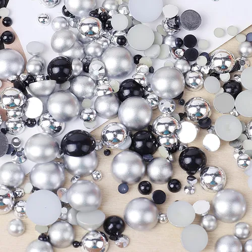 Miniatura 16 de Perlas planas y diamantes de imitación de 2.12 oz, 2200 unidades de diamantes de imitación de resina de color AB de tamaño mixto de 3 a 0.394 in