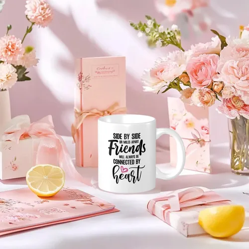 Miniatura 3 de Taza de café de regalo para mejores amigos, con texto en inglés "Friends Will Always Be Connected by Heart", para cumpleaños, Navidad y mejores