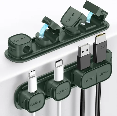 Miniatura 12 de Paquete de 6 clips magnéticos para cables [apertura/bloqueo en 1s], organizador y sujetador de cables Laitver con adhesivo fuerte para escritorio