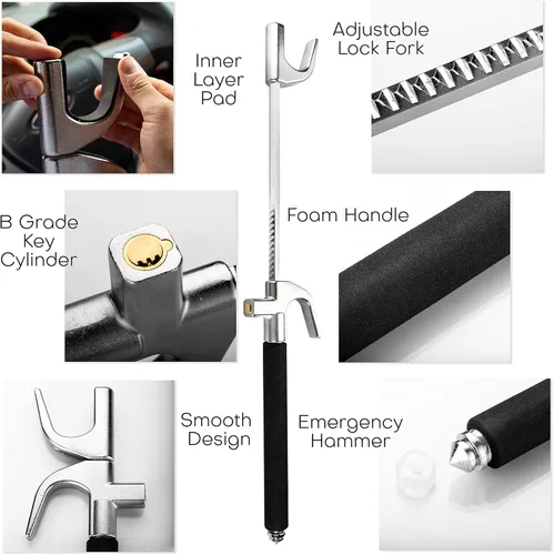Miniatura 5 de Zento - Cerradura universal para volante, bloqueo seguro antirrobo para automóvil, longitud ajustable, doble gancho retráctil, prevención de robos