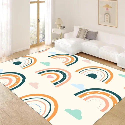 Miniatura 12 de Alfombras suaves de arco iris para dormitorio de niña, alfombras coloridas y peludas, alfombras de juego para niños, estampado de nube blanca, arco