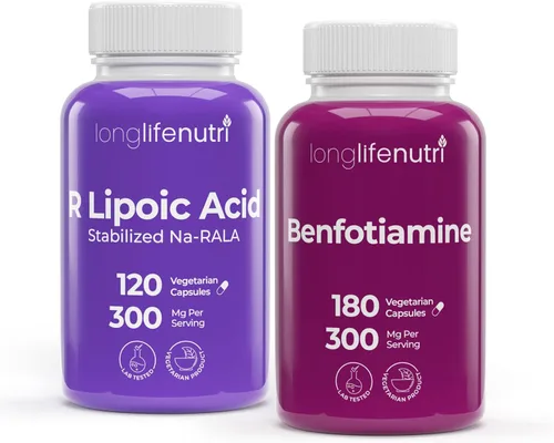 LongLifeNutri Paquete de Benfotiamina 300 mg, 180 cápsulas + ácido R-alfa lipoico 300 mg, 120 cápsulas - Apoyo energético celular y nervio dual,