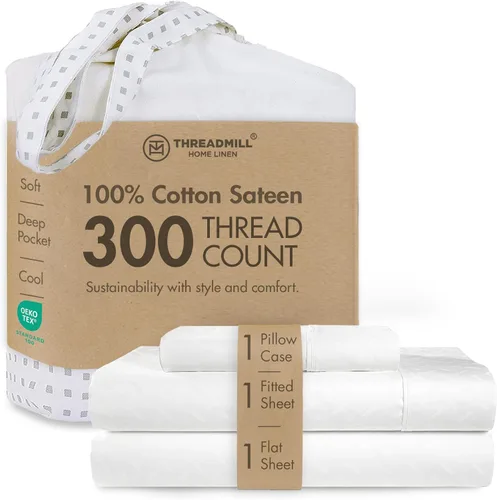 Miniatura 38 de Threadmill Sábanas 100% Algodón para Cama Tamaño King Juego de Sábanas de 4 Piezas para Cama King Suave, Transpirable y Ligero Satén de Damasco