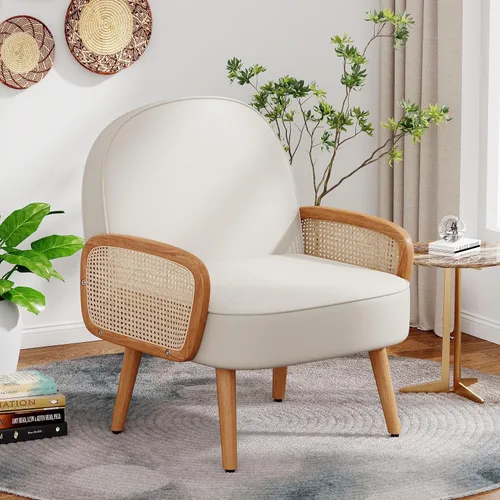 Miniatura 7 de Aklaus Silla decorativa moderna de mediados de siglo con brazos de ratán, tapizada de ratán, silla bohemia para sala de estar, dormitorio, balcón