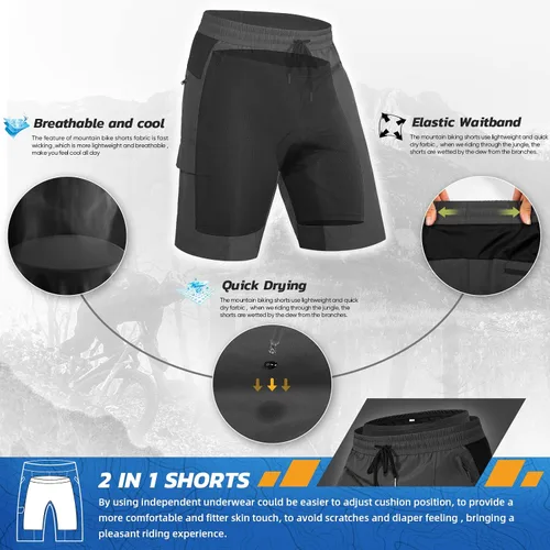 Miniatura 2 de Hiauspor Pantalones cortos acolchados de ciclismo de montaña para hombre, ajuste holgado, de secado rápido, para ciclismo con 5 bolsillos