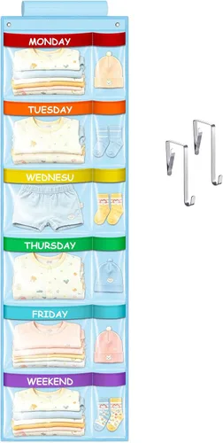 ABCKEY Organizador semanal de ropa para niños, organizador de ropa infantil de 6 estantes con etiquetas para lunes a viernes, sobre la puerta o Azul