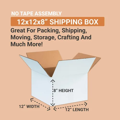 Miniatura 2 de Box USA Caja de cartón corrugado 12128W de 12 pulgadas de largo x 12 pulgadas de ancho x 8 pulgadas de alto, color blanco, para envío, embalaje