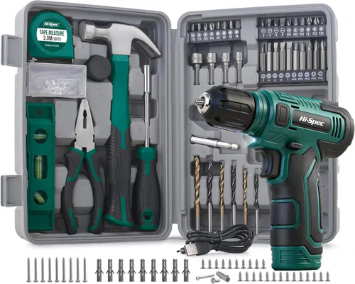 Hi-Spec Juego de taladro inalámbrico de 8 V y kit de herramientas para hombres - Taladro eléctrico recargable por USB, caja de herramientas manual
