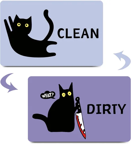 Miniatura 8 de Imán divertido de dibujos animados con diseño de gato limpio y sucio para lavavajillas, imán para lavadora, gato negro, nevera, limpio, sucio, doble