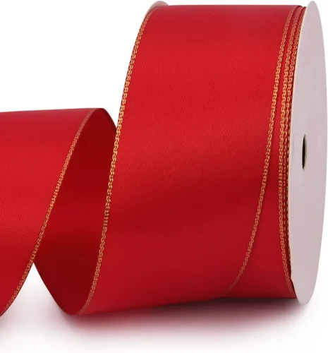VIVIQUEN Cinta de satén roja de doble cara con borde dorado, cinta continua de poliéster de 1-1/2 pulgadas, 25 yardas, cinta ancha para envolver