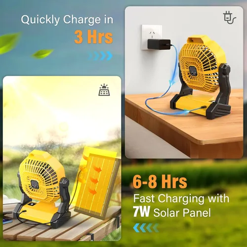 Miniatura 2 de JINLICTE Ventilador solar de 10400mAh con linterna LED, ventilador de camping con panel solar, ventilador solar recargable de 7W para exteriores