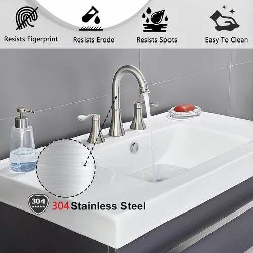 Miniatura 4 de Friho Grifo de baño de níquel cepillado de 3 agujeros, juego de grifo de fregadero de tocador de 8 pulgadas con 2 manijas con boquilla giratoria