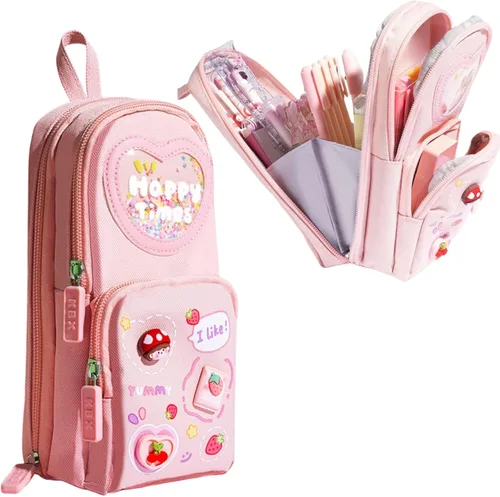 Miniatura 10 de Estuche de cartón lindo con diseño de oso y conejito de fresa, helado, 3 capas, gran capacidad, estuche organizador de cosméticos (rosa-1)