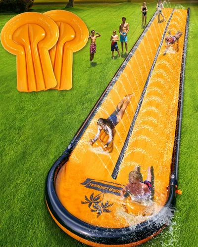 Tobogán acuático de 32 pies para niños y adultos, tobogán acuático extra largo para niños de 5 a 8 a 12 años con piscina y 2 tablas inflables,