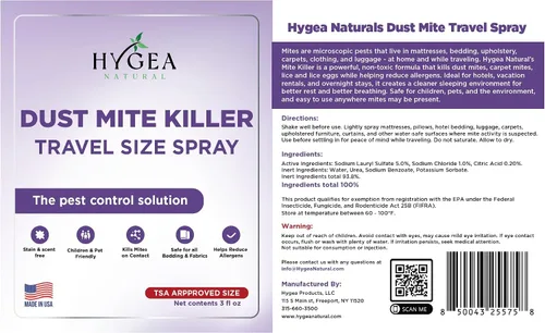 Miniatura 12 de Hygea Natural Spray de viaje para matar ácaros del polvo, ayuda a eliminar ácaros del polvo, ácaros de alfombras, ácaros de roedores, pájaros