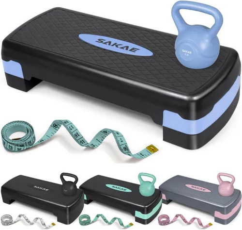 Miniatura 9 de SAKAE Set de Plataforma de Step Aeróbicos con Kettlebell y Cinta Métrica, Steps Aeróbicos para Ejercicio en Casa, Altura Ajustable 2 Niveles de Verde