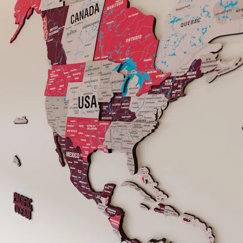 Colorfull Worlds Arte de pared de madera 3D con mapa del mundo – Mapa de viaje multicolor premium para decoración de pared con alfileres de presión,