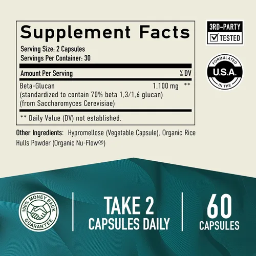 Miniatura 5 de Suplemento beta glucano de 1100 mg para apoyo a la inmunidad, la piel y el intestino Fórmula extra fuerte 1,3D y 1,6 beta-glucanos 85%