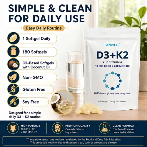 Miniatura 5 de PANWELL Vitamina D3 K2 10000 UI cápsulas blandas con MK-7 200 mcg, suplemento D3 K2 con aceite de coco, apoya la absorción de calcio, hueso, dientes
