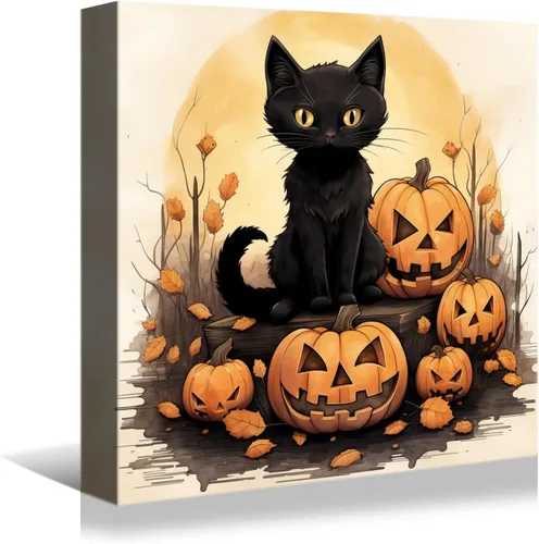 Miniatura 7 de YONICA Lienzo decorativo de Halloween para pared de sala de estar, decoración del hogar, calabaza de Halloween y gato negro sobre lienzo, obra