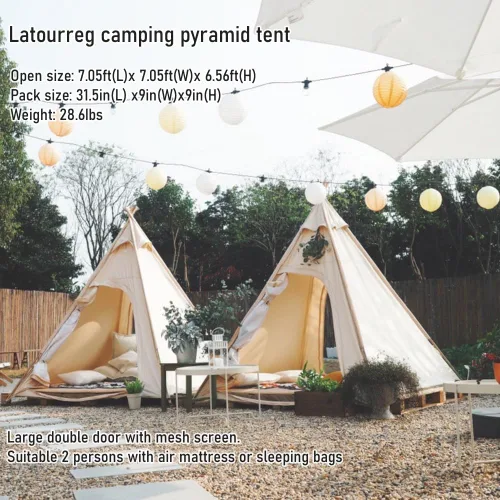 Miniatura 6 de Latourreg Tienda de campaña al aire libre para 2 personas de 6.6 ft de lona para acampar pirámide Tienda grande de pagoda de tipi para adultos