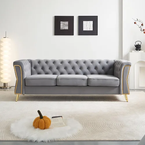 Miniatura 33 de KEIKI Sofá Chesterfield de terciopelo con botones capitoné de 87 pulgadas con cojines de espuma de alta densidad, moderno sofá de 3 plazas con Negro