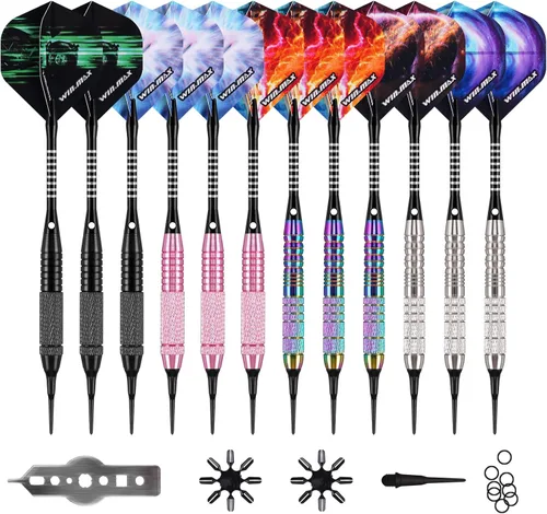 Miniatura 10 de WIN.MAX Darts Plastic Tip - Soft Tip Darts Set - 12 Pcs 18 Gram with 100 Extra Dart Tips 12 Flights Flight Protectors and Wrench for Electronic Dart
