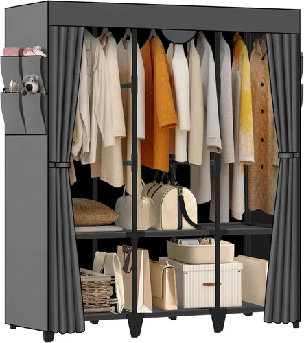 Miniatura 9 de Armario de Ropa, Montaje Rápido y Fácil, Clóset Portátil Negro con 2 Barras Colgantes, 4 Estantes de Almacenamiento y 8 Bolsillos Laterales, Estante