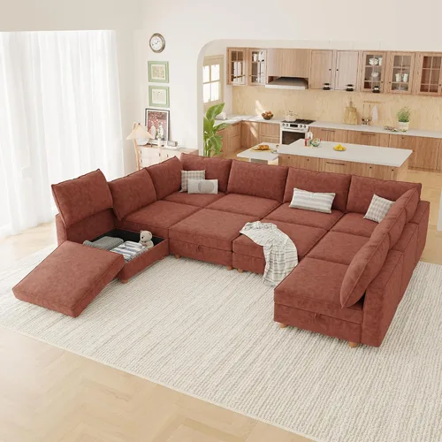 Miniatura 29 de 95.5" Sofá seccional modular de chenilla con almacenamiento oculto, sofá cama convertible en forma de L y U, sofá seccional moderno de 6 plazas