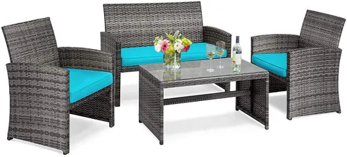 Miniatura 10 de Tangkula Juego de muebles de mimbre para patio de 4 piezas, juego de sofá y mesa Patiojoy con 4 asientos, juego de sofá de ratán al aire libre