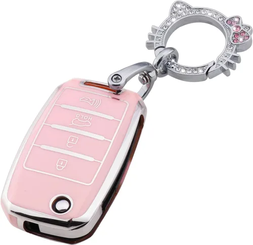 Pangpai - Funda para llave de Kia en color rosa, funda de protección de TPU suave con llavero brillante compatible con Kia Sedona Rio Optima Soul