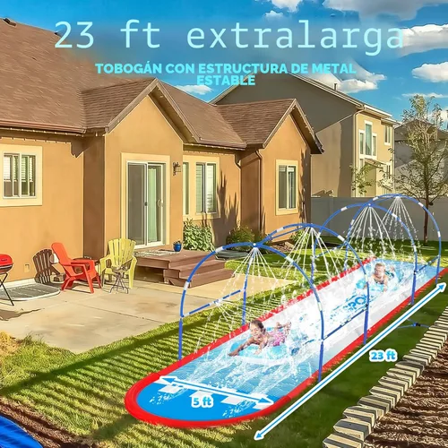 Miniatura 3 de Tobogán acuático de césped de 23 pies con marco de metal doble y sistema de riego independiente, tobogán de agua para patio trasero de niños