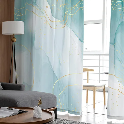 Miniatura 4 de Sheer Curtains 63 Inch Long Teal Marble Golden Lines Modern Ombre Abstract Rod Pocket Voile Semi-Sheer Window Treatment Drapes for Bedroom Nursery
