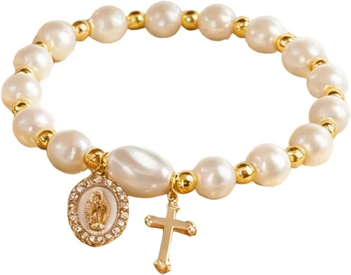 Miniatura 7 de Pulsera elástica de Virgen María con dije de cruz – Cristal de perlas multicolor con cuentas de joyería religiosa católica para mujer, regalo