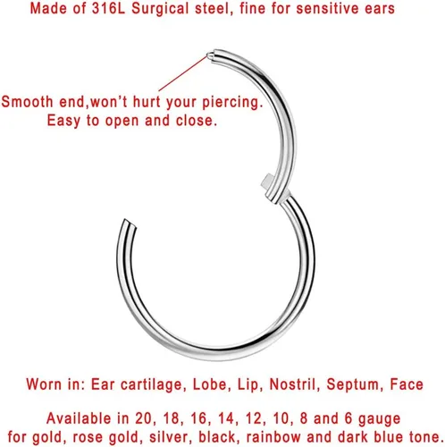 Miniatura 2 de FANSING - Aro de acero quirúrgico 316L con bisagra, para piercing de nariz, tabique, cartílago, hélix, daith, tragus, rook, conch, labio, lóbulo