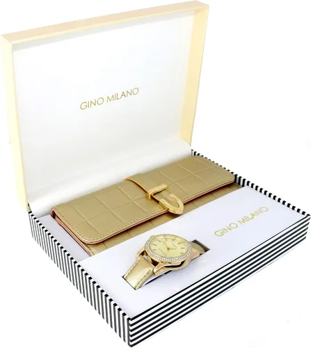 Miniatura 2 de Reloj de pulsera de cuero dorado para mujer y cartera de tres pliegues a juego