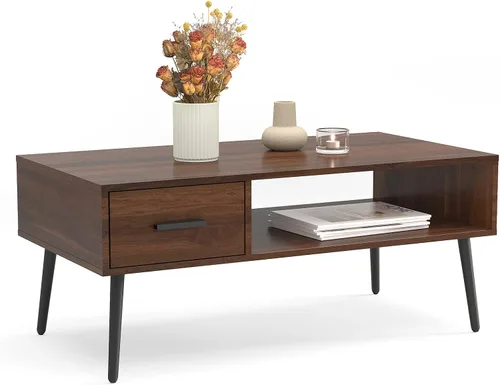 HAIOOU - Mesa de centro de mediados de siglo moderna, mesa de café para sala de estar con almacenamiento, mesa de té de nogal con cajón, estante de