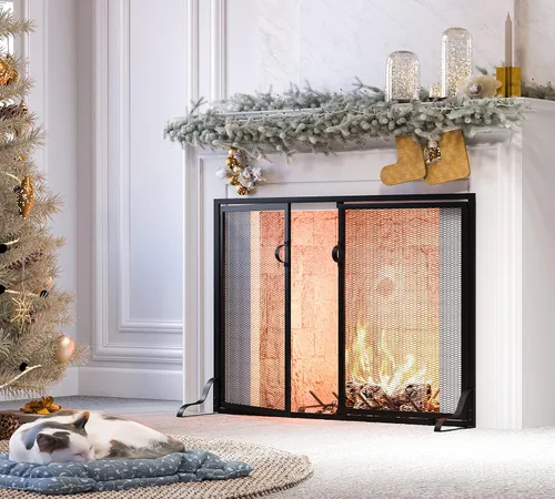 Miniatura 3 de Kingson Pantalla plana para chimenea de 37.8 x 30.7 pulgadas con puertas, 2 paneles hechos a mano de hierro forjado sólido, malla decorativa