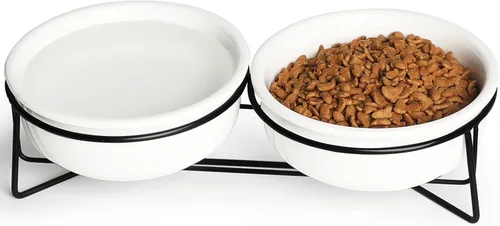 GDCZ Soporte elevado para cuenco para gatos, soporte de metal de 11.6 pulgadas con 2 cuencos de cerámica extraíbles de 15 onzas para comida y agua