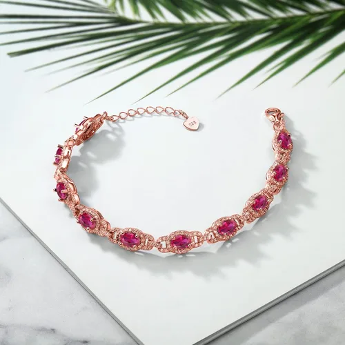 Miniatura 5 de Gem Stone King 18K Rose Gold Plated Silver Oval Gemstone Birthstone Tennis Bracelet For Women Oval 6X4MM 7 Inch With 1 Inch Extender Fine